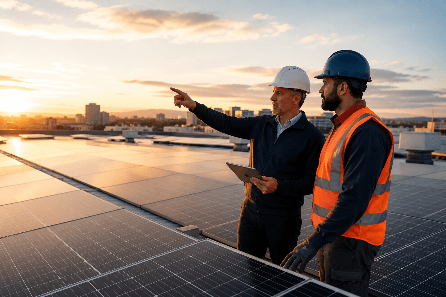 Profesionales en una instalación solar comercial